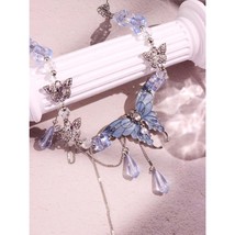 Crystal Blue Butterfly Choker – Fairycore Gothic Necklace with Dangling - $15.00