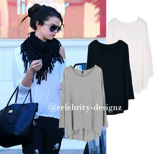 Women's Long Sleeve Loose Fit Draped Oversized Jersey T Shirt Uneven Hem