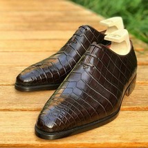 New Handmade Men&#39;s Brown Crocodile Embossed Calfskin Leather Oxford Dress Shoes - £102.84 GBP+