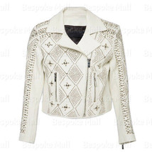 New Handmade Woman&#39;s White Full Silver Studded Cowhide Biker Leather Jacket-864 - £318.99 GBP