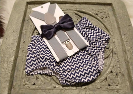 1st Birthday boy cake smash outfit bow tie suspenders gray navy blue che... - £9.68 GBP