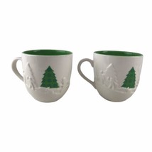 Pair Starbucks 2006 Holiday Christmas 16oz Embossed Trees Sledding Coffee Mugs - £21.93 GBP
