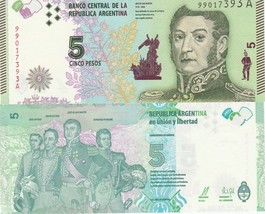 Argentina P359, 5 Peso, Gen Martin / Artigas, Bolívar, Martin,O&#39;Higgins UNC $5CV - £1.24 GBP
