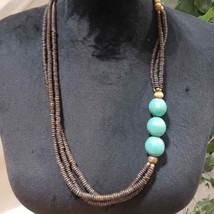 Women’s Beaded Strand Necklace Blue &amp; Brown Large Wood Beads Statement - £22.37 GBP