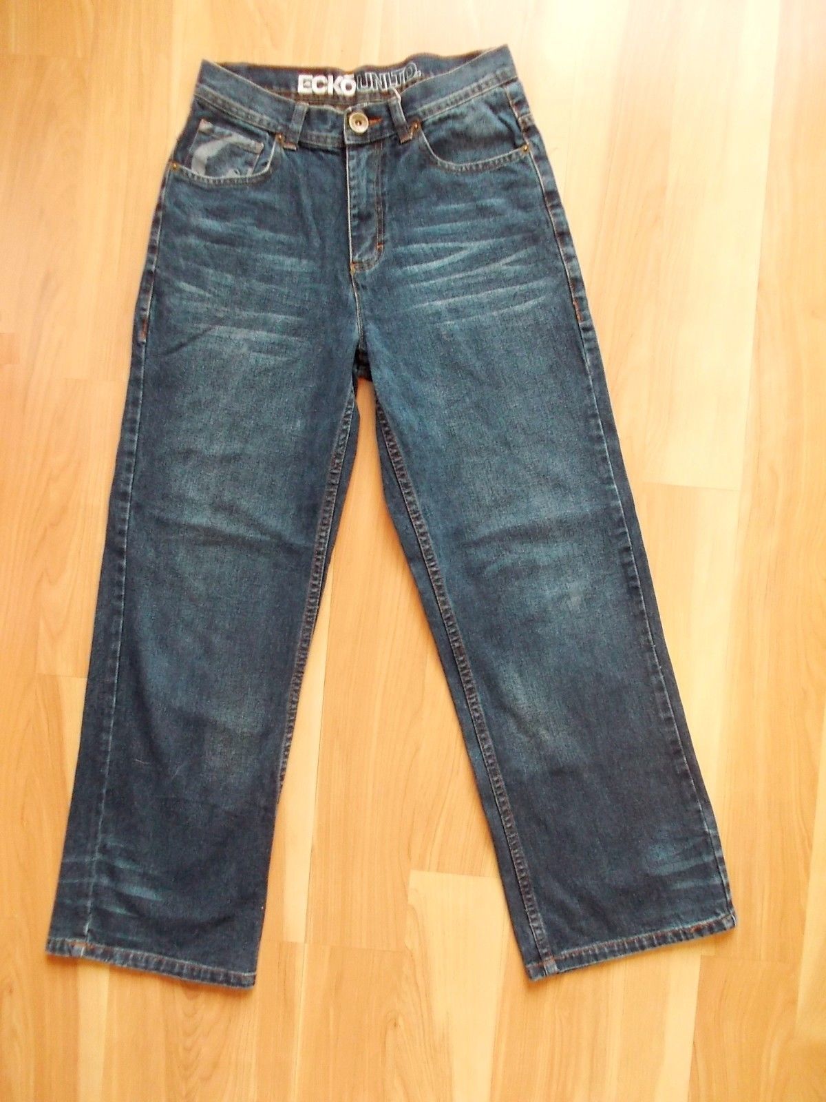 Ecko Unltd Jeans Sz 14 28/26 Straight Leg 5 Pocket Camo Detail Blue Denim 1972 - $12.19
