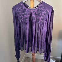 FREE PEOPLE RETRO FEMME Blouse Beaded Embroidered Sheer Tassels Purple S... - $14.84