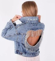 Collar Print Denim Jacket for Bride Bridesmaid, Personalized Jean Jacket... - $130.90