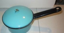 Vintage Enamelware Sauce Pan  Aqua blue / black with top small - $28.50