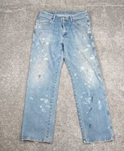 Wrangler Jeans Men 34x32 Blue Denim Straight Frayed Distressed Paint Spl... - £19.54 GBP