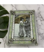 Vintage Rhinestone Picture Frame Silver Metal Green Ribbon Glam Sparkle ... - $25.73