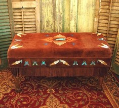 Deerskin Suede Hand Painted Buffalo Spirit Padded Bench 36&quot; L X 16&quot; W X 21″ T - £890.85 GBP