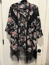 MISS ME Black Floral Open Kimono Cardigan Lace Insert  Fringe Women&#39;s Si... - £11.20 GBP