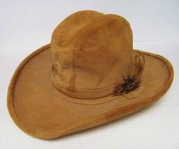 Henschel Skullys Tan Suede Cowboy Western Leather Hat W/FEATHER Band Vintage - £30.53 GBP