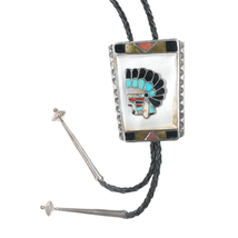 Large c1960 c-31 Zuni Sterling channel inlay &quot;Indian Chief&quot; bolo tie - $396.00