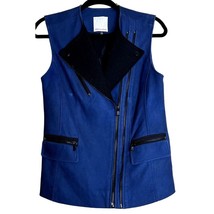 Rebecca Taylor Leather &amp; Wool Moto Vest Womens Size XS Blue Black Zip Front - £98.24 GBP