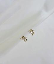 14ct Solid Gold Double Arc Diamond Zirconia Stud Earrings - Cuff, 14K Au585 - £112.08 GBP