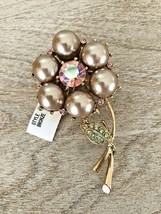 R.J. Graziano Brooch Pin Large Flower Champagne Pearls Crystals 2004 Signed - £19.03 GBP