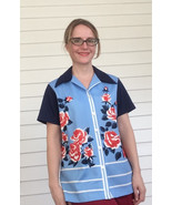 70s Hippie Blouse Rose Print Retro Mod Polyester Blue Red Vintage M L - $19.00