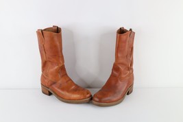 Vtg 70s Mens 8.5 E Distressed Steel Toe Leather Western Cowboy Boots Bro... - £85.62 GBP