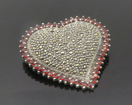 925 Sterling Silver - Vintage Garnet &amp; Marcasite Love Heart Brooch Pin - BP7493 - £50.87 GBP