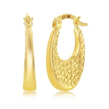 Yellow Gold Oval Textured &amp; D-C Oval Hoop Earrings - 14K Gold - £237.95 GBP