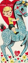 Vintage Valentine Card Little Boy on Tall Blue Horse 1960&#39;s Die-Cut for Child - £7.09 GBP