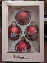 Vintage 4 Glass Christmas  Holiday Memories Ornaments  Red Snow Tree Scene  - $22.00