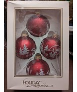 Vintage 4 Glass Christmas  Holiday Memories Ornaments  Red Snow Tree Scene  - £17.62 GBP