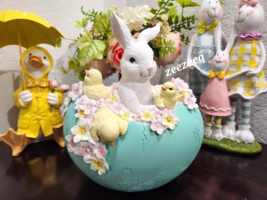 Easter Bunny Rabbit Chick Sitting inside Egg Floral Figurine Tabletop Decor 8.5&quot; - £35.59 GBP