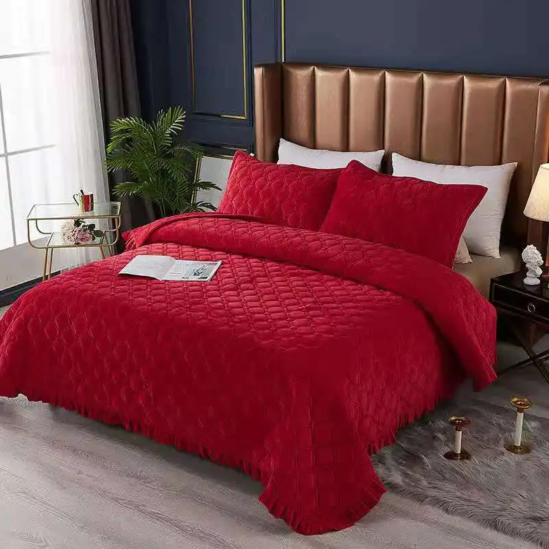 Bedspread Thickened Bed Cover Solid Colour Crystal Velvet Cotton-Padded ... - $59.37+