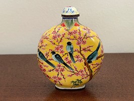Antique Chinese Metal Enamel Yellow Snuff with Songbirds on Floral Prunus Branch - £97.88 GBP