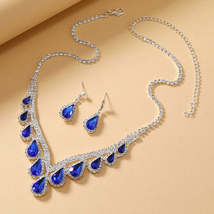 Sapphire Blue Crystal Clavicle Chain Two-piece Earrings Set - £7.58 GBP