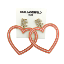 KARL LAGERFELD huge coral heart &amp; pave logo earrings - NEW gold-tone 2.75&quot; hoops - £23.59 GBP