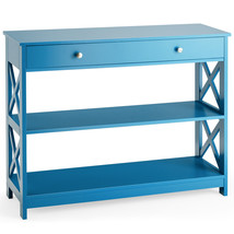 3-Tier Console Table X-Design Sofa Entryway Table with Drawer &amp; Shelves Blue - £121.81 GBP