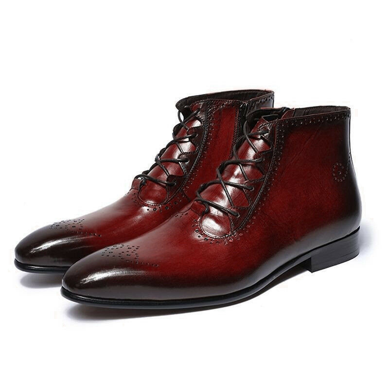 Men High Ankle Boots Maroon Black Burnished Brogues Toe Premium Quality Leather