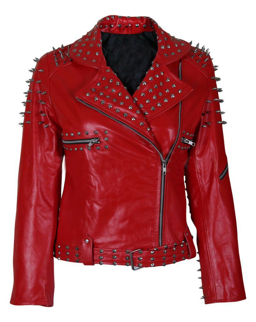 Women Red Belted Real Leather Silver Spike Studded Slim Fit Brando Style Jacket