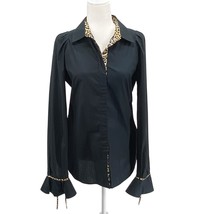 Just Cavalli Black Leopard Trim Blouse Size 46 US 10 Long Sleeve Made It... - $77.39