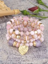 Multi Beaded Bracelets Layer Stretch Heart Charms Pink Beach Hippie BOHO  4PCS - £10.74 GBP