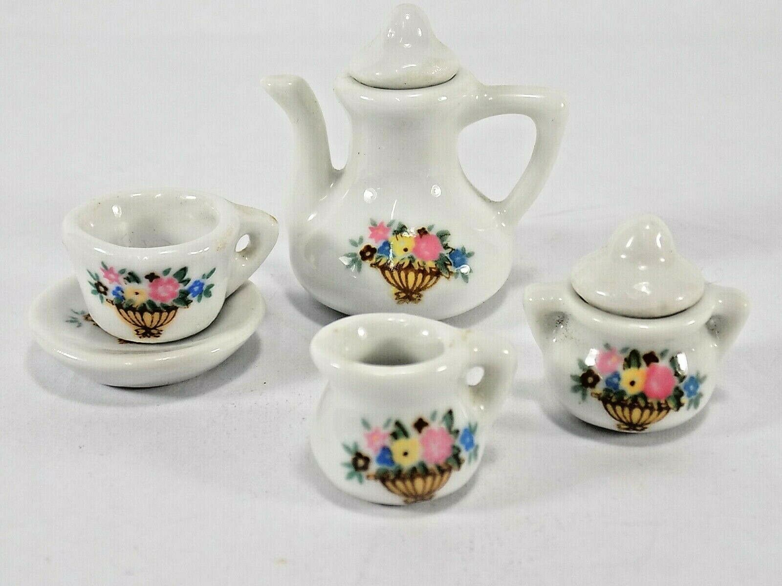 4 Pc MINIATURE TOY DISPLAY TEA SET GLAZED White w/ Floral Basket Motif A... - $6.92