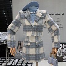 Female Plaid Tweed Two Piece Sets 2022 New Short Coat High Waist Mini Skirt  Ble - £119.01 GBP