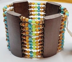 Erica Lyons Stretch Bracelet 2.25 Inches Wide Blue Brown Green Beads New  #15 - £14.69 GBP
