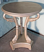 Hollywood Regency Three Swan Legged Round Wooden Pewter Painted Side Table - $424.71