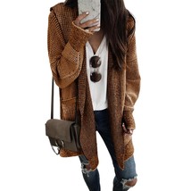 Women 2023 Fall Winter Hooded Cardigan Oversized Open Front Chunky Knit Plaid Sw - £60.83 GBP