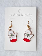 Xmas In July!! Gold Mittens Dangle Earrings 1&quot; White &amp; Red Snowflake Reduced!! - £2.30 GBP