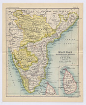 1912 Antique Map Of Madras Hyderabad Mysore British India / Verso Madras Chennai - £21.15 GBP