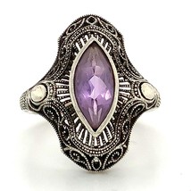 Vintage Signed Sterling Victorian Art Deco Marquise Amethyst Stone Ring sz 5 3/4 - £34.84 GBP