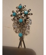 Vintage Brooch Silver Tone Turquoise Flowers Floral  - £23.12 GBP