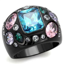 Black Plated Jeweled Ring Blue Pink Green Clear CZ Stainless Steel TK316 - £17.58 GBP