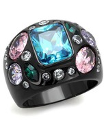 Black Plated Jeweled Ring Blue Pink Green Clear CZ Stainless Steel TK316 - £17.18 GBP