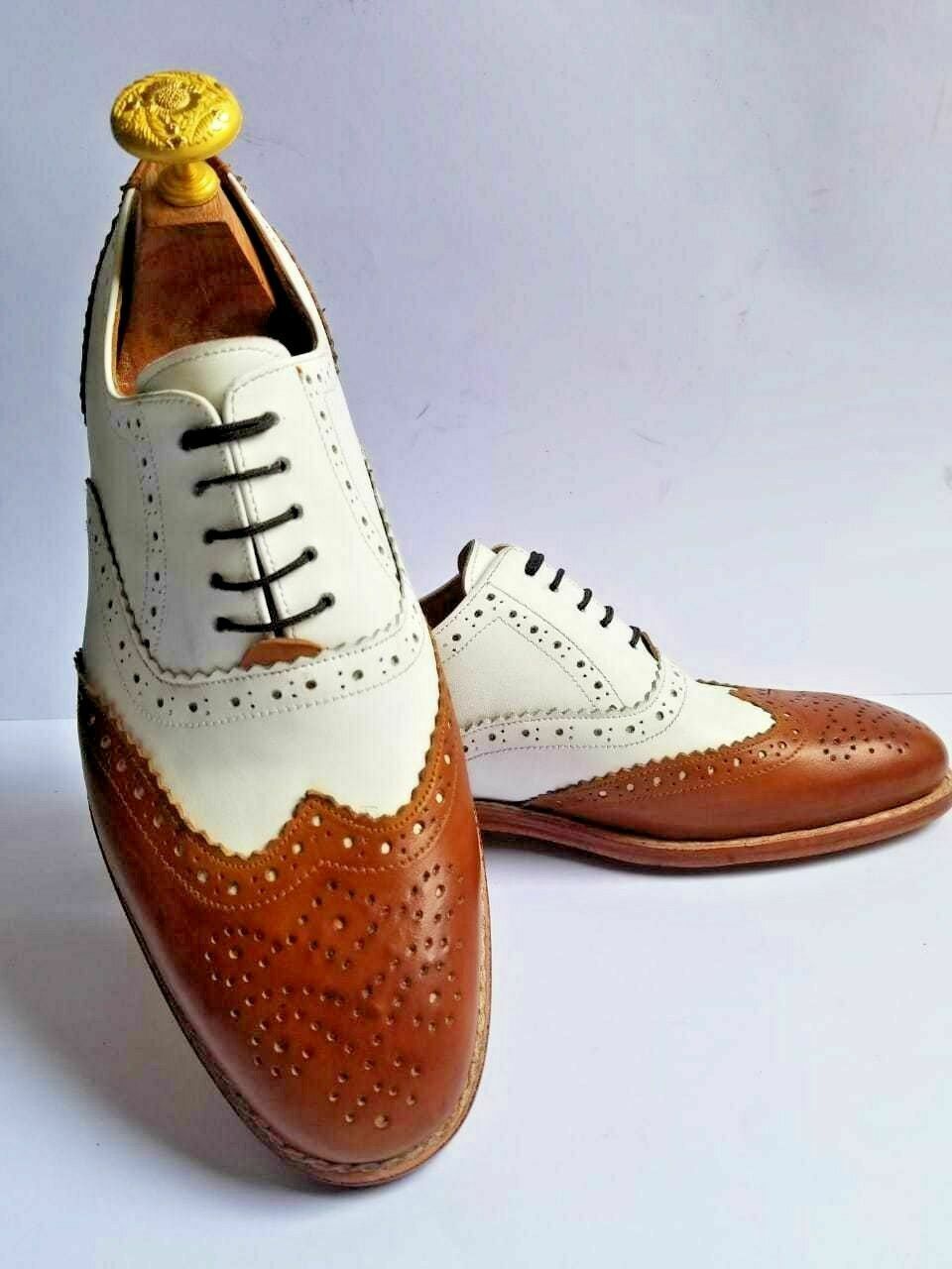 Handmade Men's Genuine Tan & White Leather Oxford Brogue Formal Lace Up Shoes